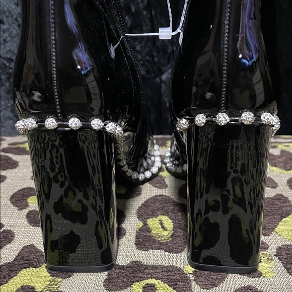 Steve Madden Black Heeled Boots with Rhinestone Trim - Picture 5 of 8